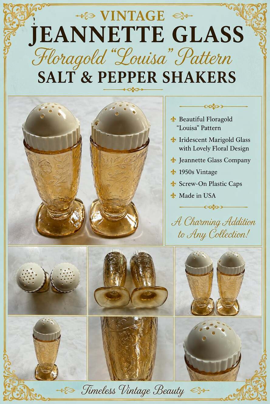Vintage Jeannette Glass Floragold Louisa Pattern Salt & Pepper Shakers